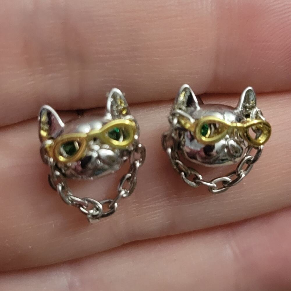 Bull dog wearing sunglasses and chain silver gold tone post earrings